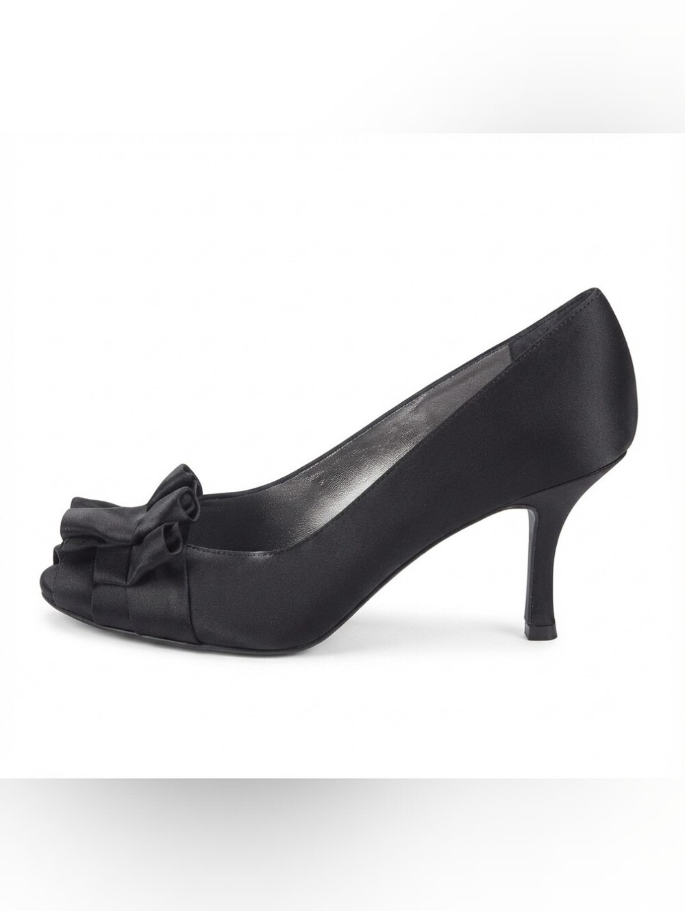Stuart Weitzman Black Satin Peep-Toe Pump with Bow